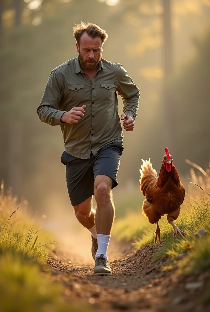 man running after a chicken