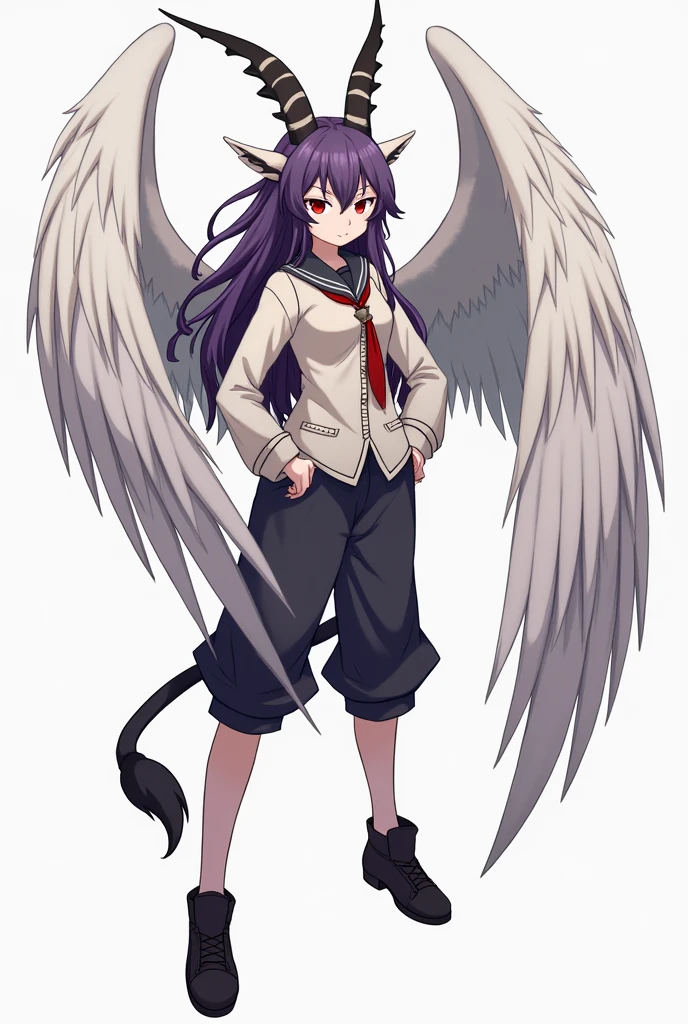 a tall girl, RussianJapanese, in the world Boku No Hero Academy, with large white wings with grey tips, Red eyes that fade to orange and yellow at the end, ua men's uniform, large horns similar to those of a goat, tail ending in a point, pointy ears, purple hair with white streaks, The tail and horns are dark grey., to dark purple and end in black at the tip, pale cream skin tone, Dark circles and lavender lips