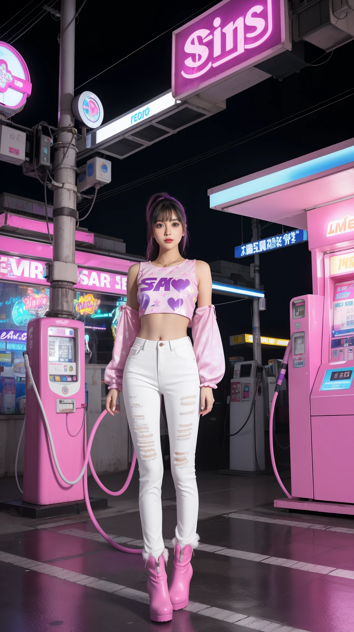 A young woman in a futuristic, sparkly outfit stands confidently amidst a surreal, neon-lit gas station. The gas pumps, adorned with stars, are suspended in mid-air, their hoses swaying playfully. The scene is drenched in vibrant pink and purple hues, creating a hyperrealistic and otherworldly atmosphere, white and pink plaid pants, pink boots, white pink heart printed top, unusual fashion choices, black low ponytail with bangs