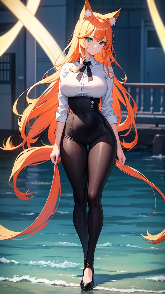 (masterpiece, Best quality), 8K, ultra detailed, realistic photo, Detailed face, perfect lighting, green eyes, bright orange hair, bright hair, fox ears, nice legs, side photo, beautiful, Cute, skin pores, 1 girl, perfect shirt, fully dressed, beautiful women 30 years old, Beautiful proportions, Russian woman, Caucasian, European, Business lady, stunningly beautiful woman, mother, thick legs, show ass, big breasts, (Thin white shirt:1.4), thick, hot, (White Office Wear:1.4), tight pants, (wide hips:1.2), thick, (white Office pants:1.3), spread your legs, Legs open, full length, wide hips, Glasses, with long orange hair, standing on the beach near the ocean, green eyes detailed digital anime art, cat ear, anime girl with long hair, гладкое аниме cg art, anime girl with long hair, digital anime art, work in Guweiz style, Beautiful anime portrait, Photorealistic render of an anime girl, pantyhose, Beautiful anime girl, advanced digital anime art, guweiz на artstation pixiv HD UHD HQ
