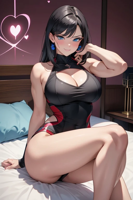 solo, A beautiful evil lady leader , wearing a short skirt, Blue eyes, gazing condescendingly at the viewer with a cute grinning expression, ((heart marks are floating in the background, kiss, blow a kiss to the viewer)), ((Lying on the bed))), (((opening your legs))), (not showing your skin), extremely detailed , masterpiece quality, ultra-detailed, HDR, vivid colors, physically-based rendering, thick muscular thighs, beautiful muscular thighs, attractive buttocks, very strong wrestler, High resolution, masterpiece, accurate, Anatomically correct, Winner of numerous awards, best quality, detail, high detail, high quality, quality, Retina, Very detailed, Textured skin, Ultra high definition, dark assassin, red twin tail