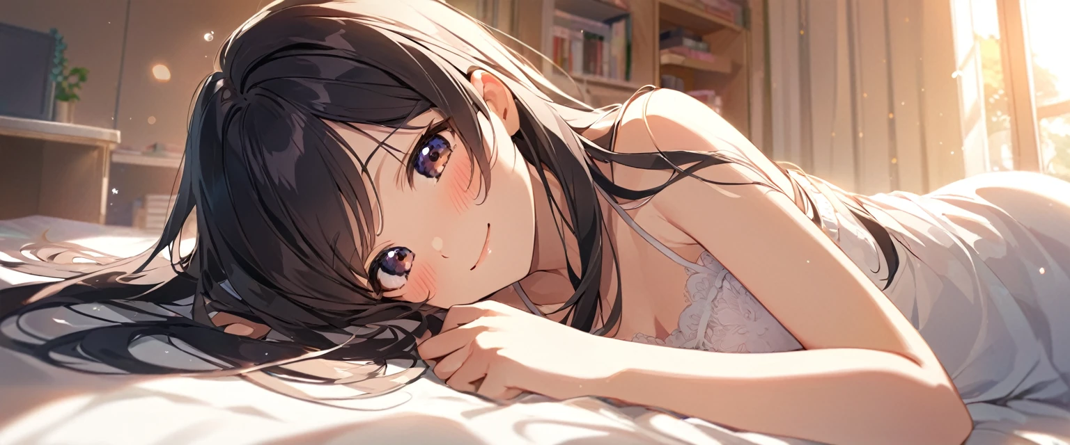 Girl,cute,cute,Chest to head,smile,Embarrassed,Straight Hair,Long Hair,Black Hair,Lying down,morning,sunny,Light shines in,camisole,looking at the camera,My Room