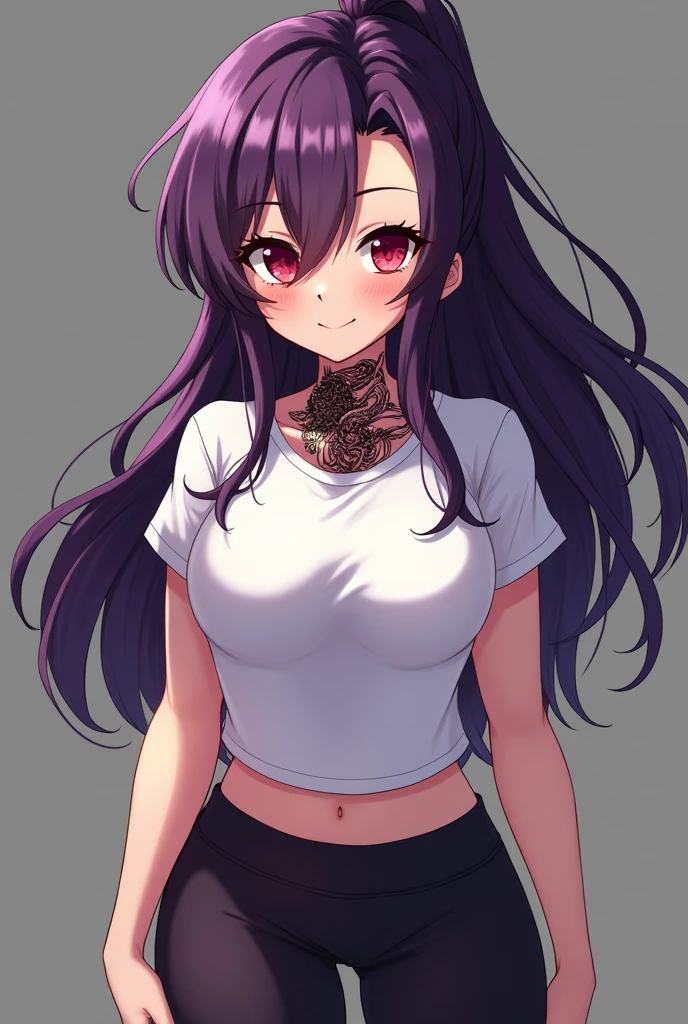 ((Masterpiece)), ((Full HD)), ((Ultra Detailed)), Girl, dominant girl, very beautiful, dark red eyes, long purple half tied hair, very cute, very sexy body, smile intimidating, dragon tatto in neck, use a training pants, and white t-shirt, Full HD