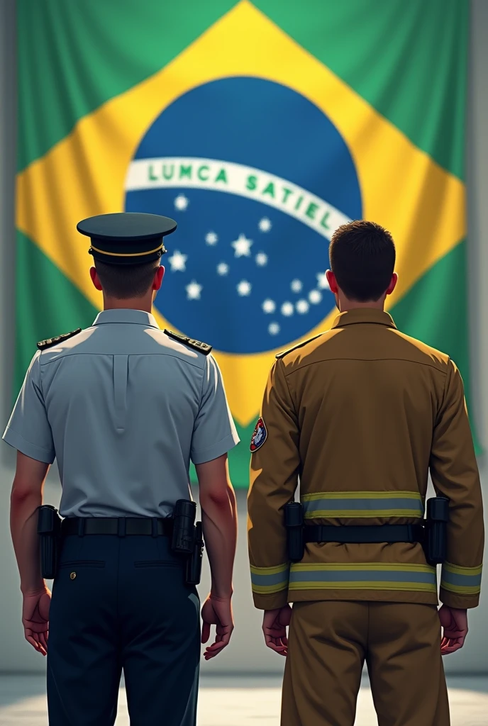 Create an artwork with two figures facing away from the screen and towards the Brazilian flag, saluting. These figures should be a police officer in true uniform and a firefighter in khaki uniform.”
