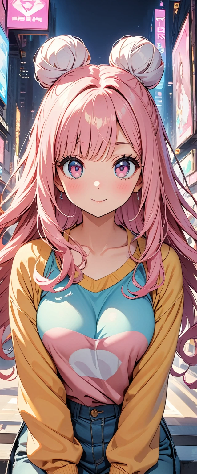 (Highest quality:1.2、City Pop Style、Very detailed、up to date、vivid、High contrast、masterpiece:1.2、Highest quality、Best aesthetics)、girl、Colorful Hair、(Hair Ribbon:0.4), Pink Eyes,(((White bun hair))),(((Pink long hair)))、Pastel colors、1980s Style、((Future metropolis、Retro、vintage))、Logo Jumper、(Sunglasses on head)。