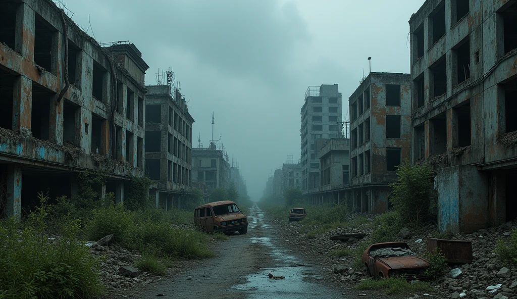 An abandoned, ruined cityscape under a dark, overcast sky. Crumbling buildings with shattered windows and collapsed walls dominate the scene. Overgrown vegetation begins to reclaim the debris-strewn streets, where rusted vehicles and broken infrastructure lay forgotten. The atmosphere is eerie and silent, filled with a sense of desolation and decay.