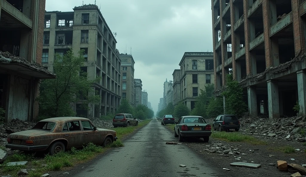 An abandoned, ruined cityscape under a dark, overcast sky. Crumbling buildings with shattered windows and collapsed walls dominate the scene. Overgrown vegetation begins to reclaim the debris-strewn streets, where rusted vehicles and broken infrastructure lay forgotten. The atmosphere is eerie and silent, filled with a sense of desolation and decay.