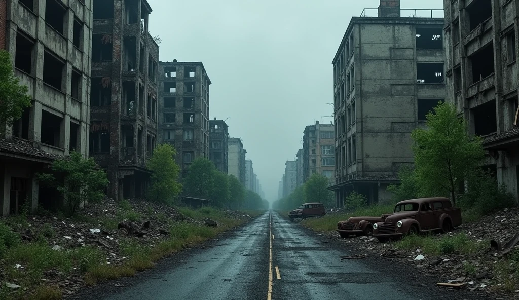 An abandoned, ruined cityscape under a dark, overcast sky. Crumbling buildings with shattered windows and collapsed walls dominate the scene. Overgrown vegetation begins to reclaim the debris-strewn streets, where rusted vehicles and broken infrastructure lay forgotten. The atmosphere is eerie and silent, filled with a sense of desolation and decay.