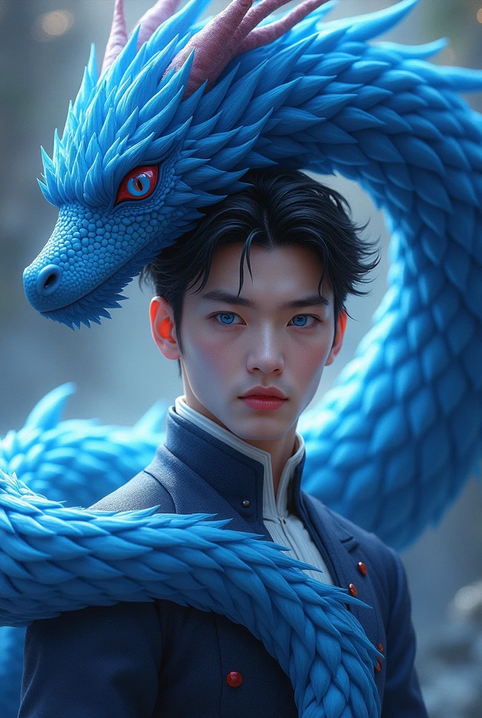 A prince with black hair and red tips, blue eyes his hair is short. Behind him a blue phoenix dragon, pink lips white skin and American features.