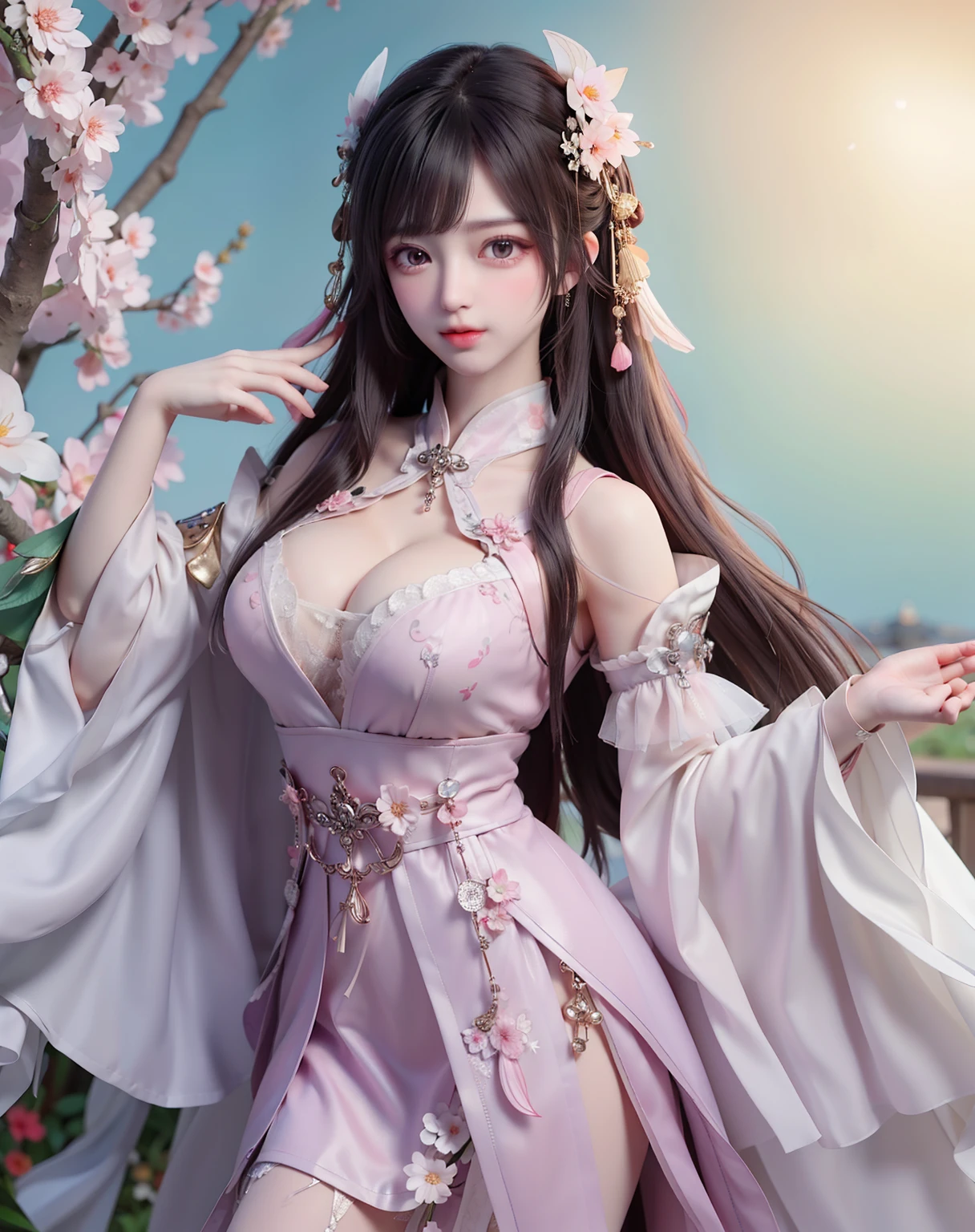 (8k, RAW photo:1.2), best quality, ultra high res,dramatic angle,(fluttered detailed color splashs), (illustration),(((1 girl))),(long hair),(rain:0.9), (Headdress:1.4),There is an ancient palace beside the girl,Hanfu,(Key Points),Color ink painting,(Splash of Color),Splash of Color,(((colorful))),(sketch:0.8) , Masterpiece, best quality, beautiful painted, highly detailed,(denoising:0.6),[splash ink],((ink refraction)), (beautiful detailed sky),moon,highly,detaild,(masterpiece, best quality, extremely detailed） CG Unity 8k Wallpaper，masterpiece，best quality，Ultra Detailed），（Lycoris）. hanfu open v open V-chested clothes Thin silk lace dress , (huge ，cleavage),, white pink and gren，best qualtiy，tmasterpiece，Ultra-high resolution，（Reality：1.4），RAW photogr，（True skin texture：1.3），（filmgrain：1.3），（Selfie angle），1个Giant Breast Girl，Beautiful eye and face details，tmasterpiece，Best quality at best，，The chest more exposed， detailed hair, brap urple , detail 8k, upper body, lace petticoat