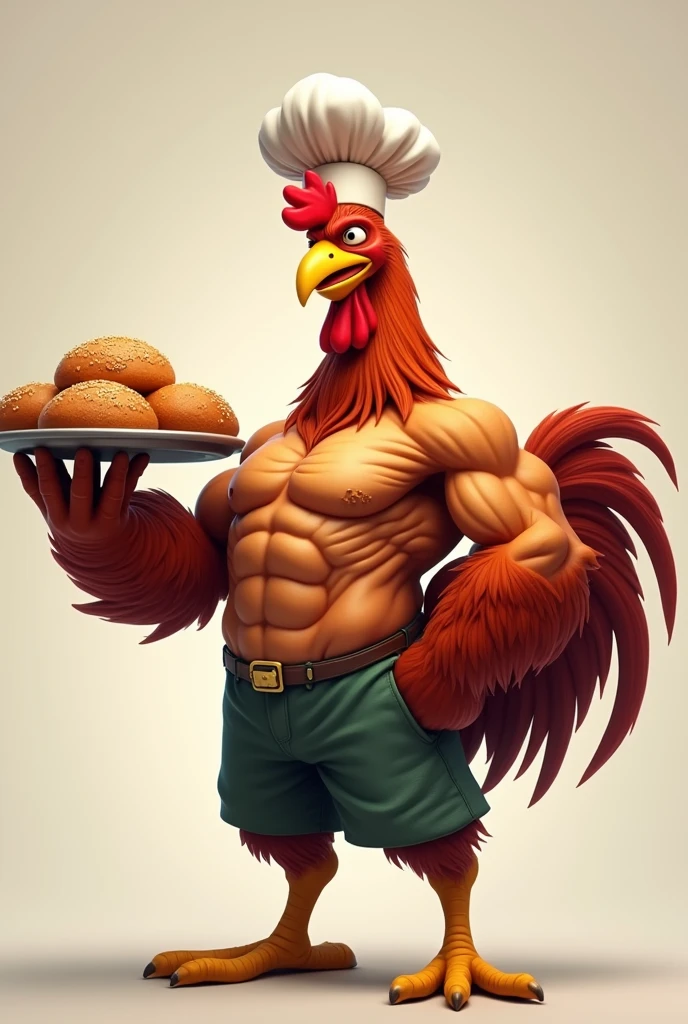 Muscular baker rooster smiling with his hat and showing his tray of breads with one wing and the other showing his muscles animated