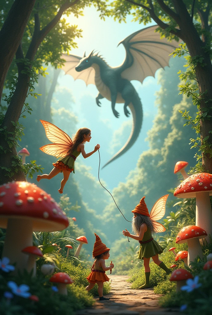 Mystical garden with fairies gnomes mushroom and a dragon And fairies and dragon