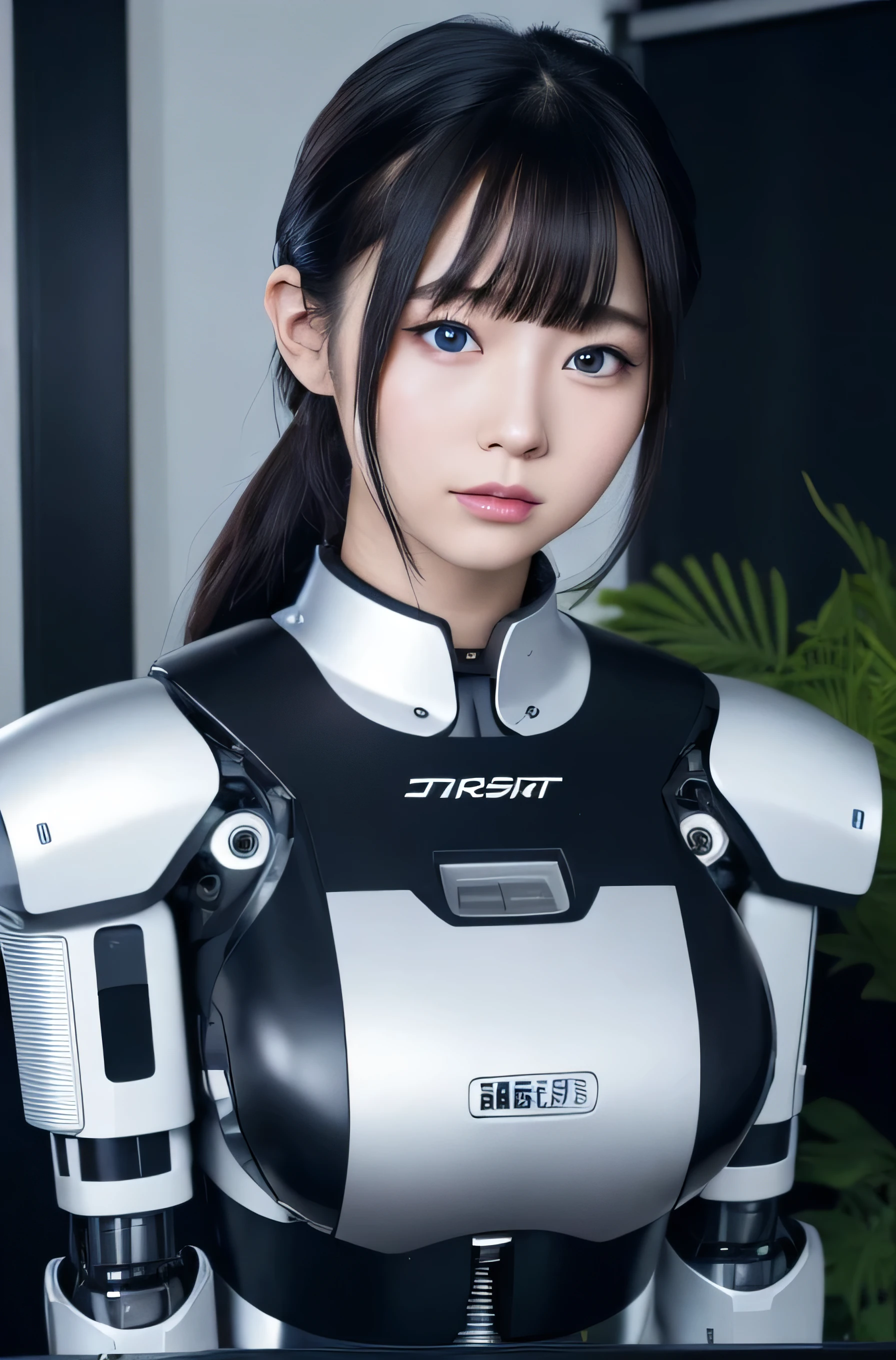 masterpiece, best quality, extremely detailed, Japaese android girl,portrait,Plump,a bit chubby,control panels,android,Droid,Mechanical Hand, Robot arms and legs, Black hair,Blunt bangs,perfect robot girl,long tube,thick cable connected her neck,android,robot,humanoid,cyborg,japanese cyborg girl ,robot-assembly plant,She is assembling now,assembly scene,blue eyes,chest monitor
