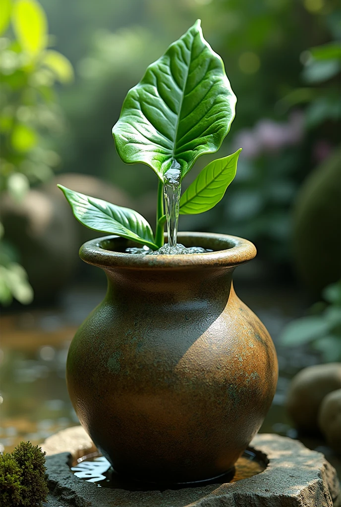 A fountain where water comes out of a leaf and falls into a jar