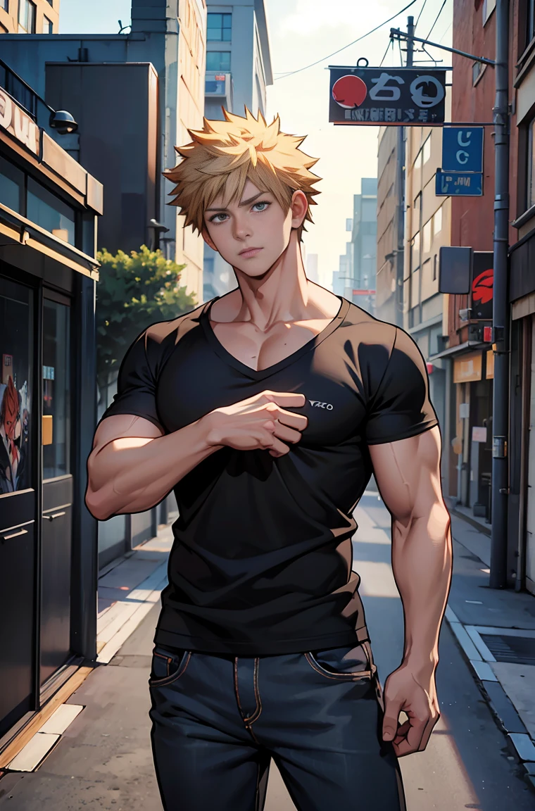un gros plan d'une personne avec une chemise, le personnage est bakugo katsuki humain photoréaliste, style anime 3d réaliste, style anime ig studios, imaginefx, artiste cg, artgerm ; Moteur irréel 3D, art cg anime fluide, style anime cgi, anime cgi, figure musculaire masculine figure masculine musclée , pause du personnage à gauche bakugo katsuki 3D