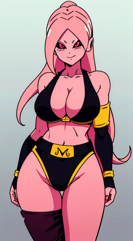 (high-quality, breathtaking),(expressive eyes, perfect face) Symmetrical Eyes, dragon ball z super, 1girl, female, alien, Majin Race, FMajin, Female Majin Buu, (pink skin:1.1), bubblegum pink skin color, red colored skin, smiling,(black sclera:1.2), red eyes, tentacle hair, baggypants, belt, crop top, voluptuous, busty, large breasts, shortstack, green gauntlets, alien, M, shoulder holes, standing, no nose, grey background, long length hair tentacles, wavy hair tentacles, hair between eyes