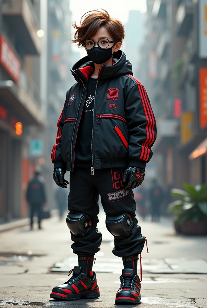 A brown-haired boy with round glasses with dark lenses wearing a black jacket with red stripes and other details,as well as using a black mask , wear black pants with red stripes and finally wear a pair of robotic boots and a gamer logo