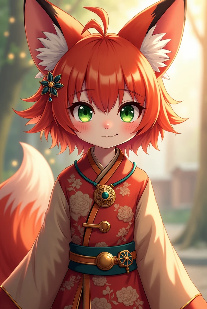 fox with short red fur and green eyes with jewelry and Chinese anime-style clothing