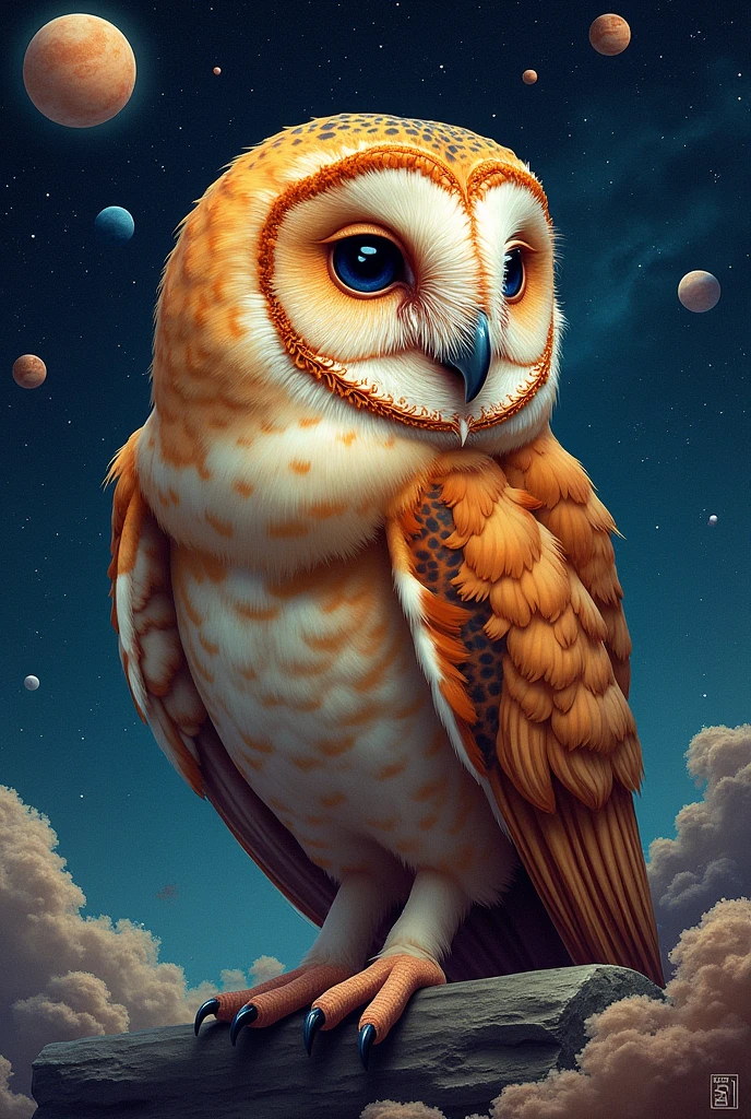 Space Owl Print, Planets and stars in the background