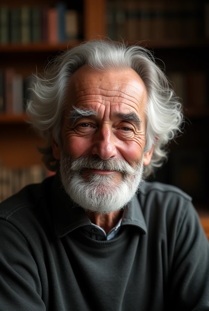 Photo of a 75 year old man, Beautiful brunette ((Model)) Christian pastor, Sit and face forward, Light brown eyes, Wavy Hair, Very Hall々And, Features of safety and elegance, ((I often wear Palit)), (Hypnotic), Highly detailed face, Beautiful Eyes, [I&#39;m in good health],Behind the bookshelf is a book that appears to be a Bible., Nice,  (Rembrandt Lighting), Zeiss Lenses, Ultra-realistic, (Highly detailed skin: 1.2), 8K Ultra HD, Digital SLR, Dramatic Rim Light, high quality, Fujifilm XT3,