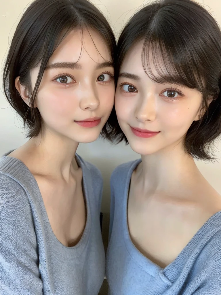(masterpiece:1.3), (8k, Photoreal, Raw photo, best image quality: 1.4), Japanese high school girl、(random hairstyle:1.2)、cleavage:1.5、super detail face、eye for details、double eyelid、chest to chest、sharp focus:1.2、Beautiful woman:1.4、light brown hair、highest quality、masterpiece、超A high resolution、(Photoreal:1.4)、Highly detailed and professionally lit smiles、loose and light knitwear、shoulder out、thin、serious expression、short haired、deadly position
similar identical twins
All the girls have the exact same face, The two have the same face and figure, as if they were mirror images.