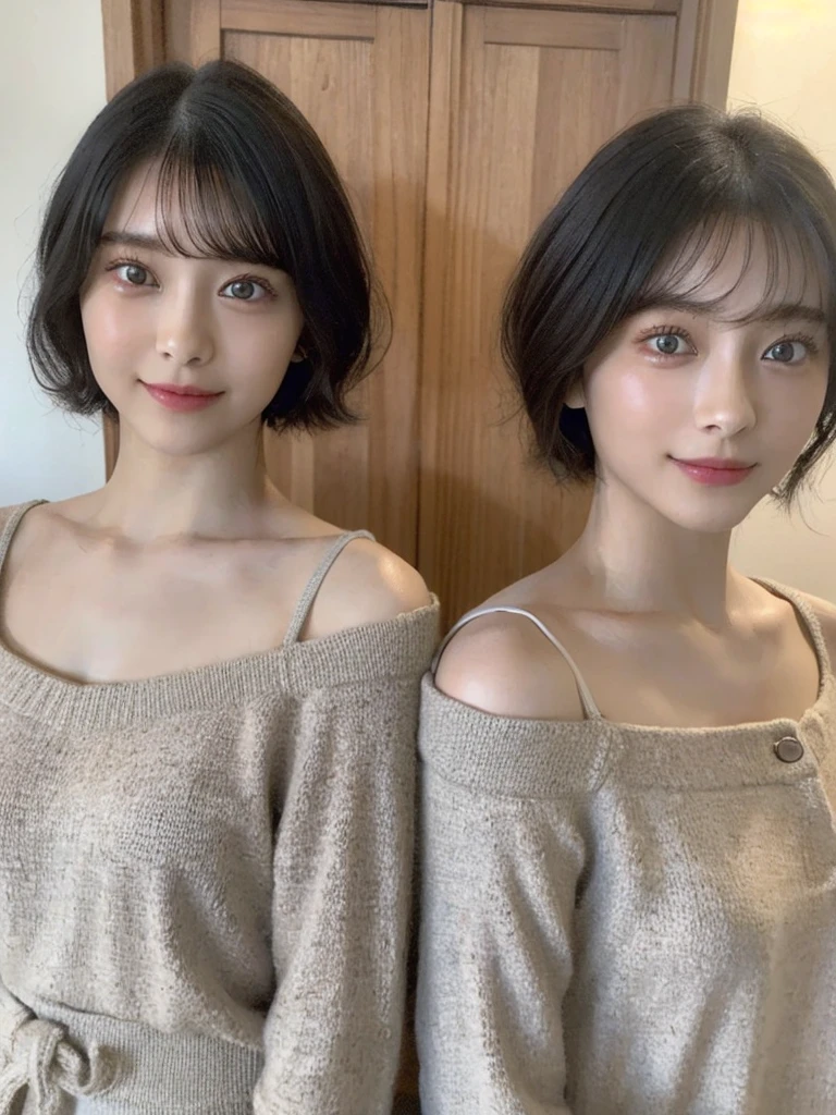 (masterpiece:1.3), (8k, Photoreal, Raw photo, best image quality: 1.4), Japanese high school girl、(random hairstyle:1.2)、cleavage:1.5、super detail face、eye for details、double eyelid、chest to chest、sharp focus:1.2、Beautiful woman:1.4、light brown hair、highest quality、masterpiece、超A high resolution、(Photoreal:1.4)、Highly detailed and professionally lit smiles、loose and light knitwear、shoulder out、thin、serious expression、short haired、deadly position
similar identical twins
All the girls have the exact same face, The two have the same face and figure, as if they were mirror images.