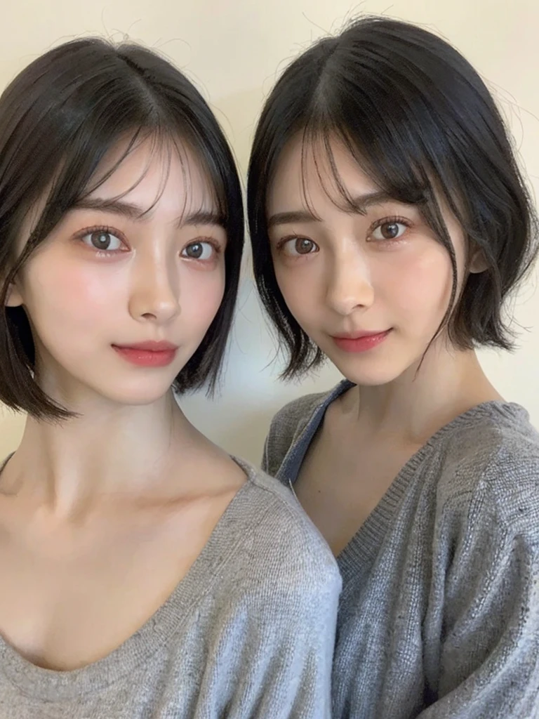 (masterpiece:1.3), (8k, Photoreal, Raw photo, best image quality: 1.4), Japanese high school girl、(random hairstyle:1.2)、cleavage:1.5、super detail face、eye for details、double eyelid、chest to chest、sharp focus:1.2、Beautiful woman:1.4、light brown hair、highest quality、masterpiece、超A high resolution、(Photoreal:1.4)、Highly detailed and professionally lit smiles、loose and light knitwear、shoulder out、thin、serious expression、short haired、deadly position
similar identical twins
All the girls have the exact same face, The two have the same face and figure, as if they were mirror images.