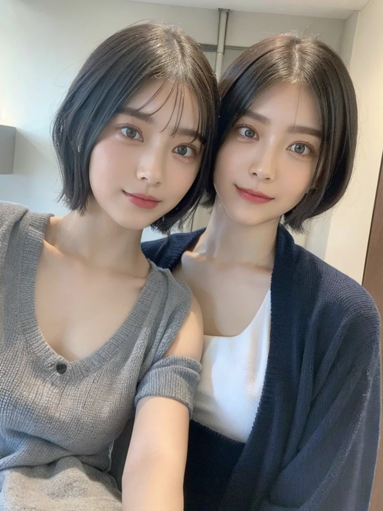 (masterpiece:1.3), (8k, Photoreal, Raw photo, best image quality: 1.4), Japanese high school girl、(random hairstyle:1.2)、cleavage:1.5、super detail face、eye for details、double eyelid、chest to chest、sharp focus:1.2、Beautiful woman:1.4、light brown hair、highest quality、masterpiece、超A high resolution、(Photoreal:1.4)、Highly detailed and professionally lit smiles、loose and light knitwear、shoulder out、thin、serious expression、short haired、deadly position
similar identical twins
All the girls have the exact same face, The two have the same face and figure, as if they were mirror images.