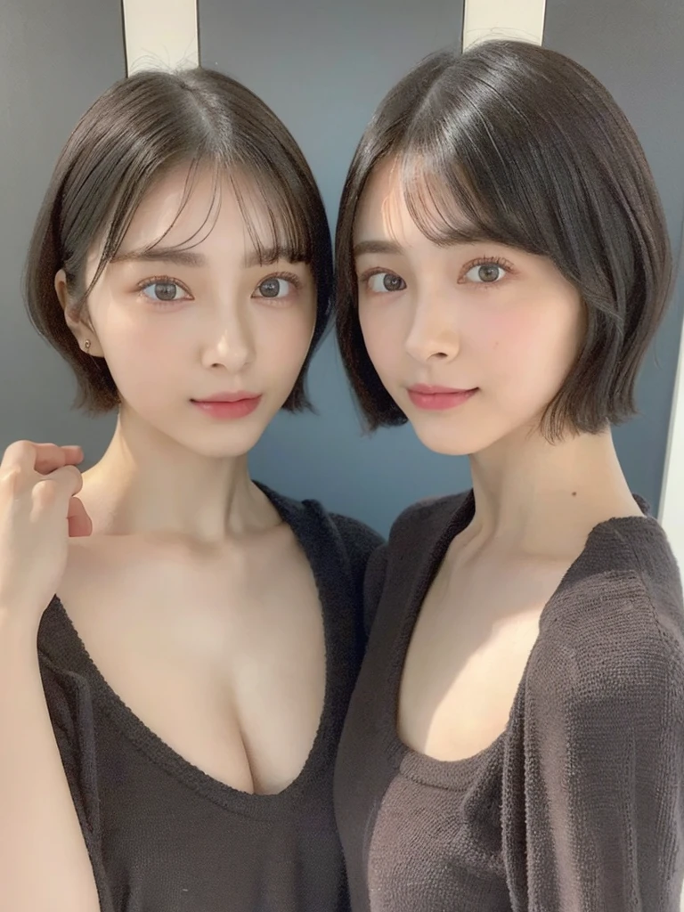 (masterpiece:1.3), (8k, Photoreal, Raw photo, best image quality: 1.4), Japanese high school girl、(random hairstyle:1.2)、:1.5、super ail face、eye for details、double eyelid、chest to chest、sharp focus:1.2、Beautiful woman:1.4、light brown hair、highest quality、masterpiece、超A high resolution、(Photoreal:1.4)、Highly detailed and professionally lit smiles、loose and light knitwear、shoulder out、thin、serious expression、short haired、deadly position
similar identical twins
All the girls have the exact same face, The two have the same face and figure, as if they were mirror images.