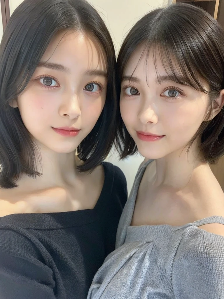 (masterpiece:1.3), (8k, Photoreal, Raw photo, best image quality: 1.4), Japanese high school girl、(random hairstyle:1.2)、cleavage:1.5、super detail face、eye for details、double eyelid、chest to chest、sharp focus:1.2、Beautiful woman:1.4、light brown hair、highest quality、masterpiece、超A high resolution、(Photoreal:1.4)、Highly detailed and professionally lit smiles、loose and light knitwear、shoulder out、thin、serious expression、short haired、deadly position
similar identical twins
All the girls have the exact same face, The two have the same face and figure, as if they were mirror images.