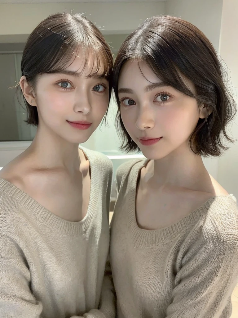 (masterpiece:1.3), (8k, Photoreal, Raw photo, best image quality: 1.4), Japanese high school girl、(random hairstyle:1.2)、cleavage:1.5、super detail face、eye for details、double eyelid、chest to chest、sharp focus:1.2、Beautiful woman:1.4、light brown hair、highest quality、masterpiece、超A high resolution、(Photoreal:1.4)、Highly detailed and professionally lit smiles、loose and light knitwear、shoulder out、thin、serious expression、short haired、deadly position
similar identical twins
All the girls have the exact same face, The two have the same face and figure, as if they were mirror images.