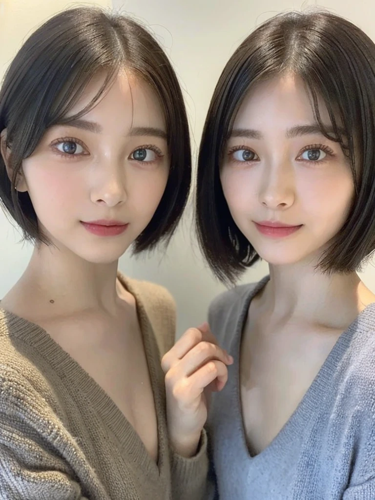 (masterpiece:1.3), (8k, Photoreal, Raw photo, best image quality: 1.4), Japanese high school girl、(random hairstyle:1.2)、cleavage:1.5、super detail face、eye for details、double eyelid、chest to chest、sharp focus:1.2、Beautiful woman:1.4、light brown hair、highest quality、masterpiece、超A high resolution、(Photoreal:1.4)、Highly detailed and professionally lit smiles、loose and light knitwear、shoulder out、thin、serious expression、short haired、deadly position
similar identical twins
All the girls have the exact same face, The two have the same face and figure, as if they were mirror images.