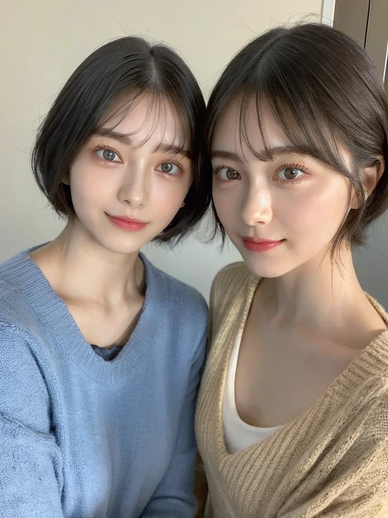 (masterpiece:1.3), (8k, Photoreal, Raw photo, best image quality: 1.4), Japanese high school girl、(random hairstyle:1.2)、cleavage:1.5、super detail face、eye for details、double eyelid、chest to chest、sharp focus:1.2、Beautiful woman:1.4、light brown hair、highest quality、masterpiece、超A high resolution、(Photoreal:1.4)、Highly detailed and professionally lit smiles、loose and light knitwear、shoulder out、thin、serious expression、short haired、deadly position
similar identical twins
All the girls have the exact same face, The two have the same face and figure, as if they were mirror images.