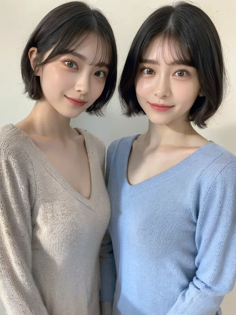 (masterpiece:1.3), (8k, Photoreal, Raw photo, best image quality: 1.4), Japanese high school girl、(random hairstyle:1.2)、cleavage:1.5、super detail face、eye for details、double eyelid、chest to chest、sharp focus:1.2、Beautiful woman:1.4、light brown hair、highest quality、masterpiece、超A high resolution、(Photoreal:1.4)、Highly detailed and professionally lit smiles、loose and light knitwear、shoulder out、thin、serious expression、short haired、deadly position
similar identical twins
All the girls have the exact same face, The two have the same face and figure, as if they were mirror images.