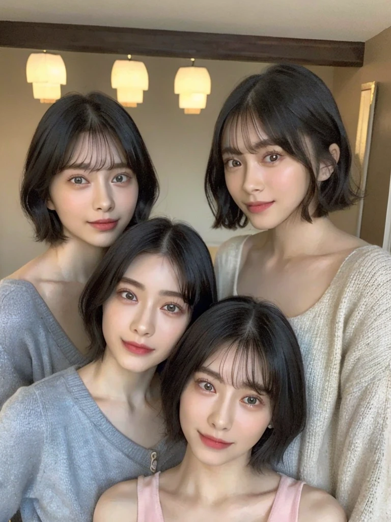 (masterpiece:1.3), (8k, Photoreal, Raw photo, best image quality: 1.4), Japanese high school girl、(random hairstyle:1.2)、cleavage:1.5、super detail face、eye for details、double eyelid、chest to chest、sharp focus:1.2、Beautiful woman:1.4、light brown hair、highest quality、masterpiece、超A high resolution、(Photoreal:1.4)、Highly detailed and professionally lit smiles、loose and light knitwear、shoulder out、thin、serious expression、short haired、deadly position
similar identical twins
All the girls have the exact same face, The two have the same face and figure, as if they were mirror images.