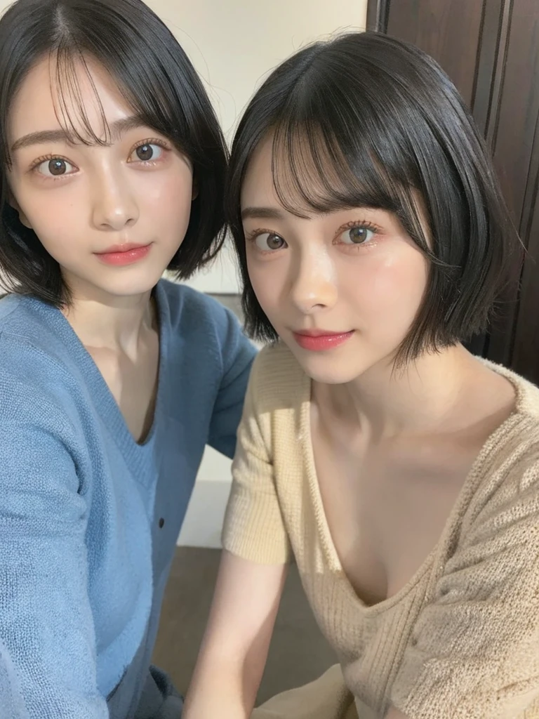 (masterpiece:1.3), (8k, Photoreal, Raw photo, best image quality: 1.4), Japanese high school girl、(random hairstyle:1.2)、cleavage:1.5、super detail face、eye for details、double eyelid、chest to chest、sharp focus:1.2、Beautiful woman:1.4、light brown hair、highest quality、masterpiece、超A high resolution、(Photoreal:1.4)、Highly detailed and professionally lit smiles、loose and light knitwear、shoulder out、thin、serious expression、short haired、deadly position
similar identical twins
All the girls have the exact same face, The two have the same face and figure, as if they were mirror images.