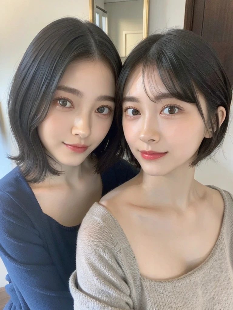 (masterpiece:1.3), (8k, Photoreal, Raw photo, best image quality: 1.4), Japanese high school girl、(random hairstyle:1.2)、cleavage:1.5、super detail face、eye for details、double eyelid、chest to chest、sharp focus:1.2、Beautiful woman:1.4、light brown hair、highest quality、masterpiece、超A high resolution、(Photoreal:1.4)、Highly detailed and professionally lit smiles、loose and light knitwear、shoulder out、thin、serious expression、short haired、deadly position
similar identical twins
All the girls have the exact same face, The two have the same face and figure, as if they were mirror images.