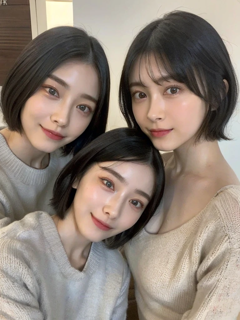 (masterpiece:1.3), (8k, Photoreal, Raw photo, best image quality: 1.4), Japanese high school girl、(random hairstyle:1.2)、cleavage:1.5、super detail face、eye for details、double eyelid、chest to chest、sharp focus:1.2、Beautiful woman:1.4、light brown hair、highest quality、masterpiece、超A high resolution、(Photoreal:1.4)、Highly detailed and professionally lit smiles、loose and light knitwear、shoulder out、thin、serious expression、short haired、deadly position
similar identical twins
All the girls have the exact same face, The two have the same face and figure, as if they were mirror images.