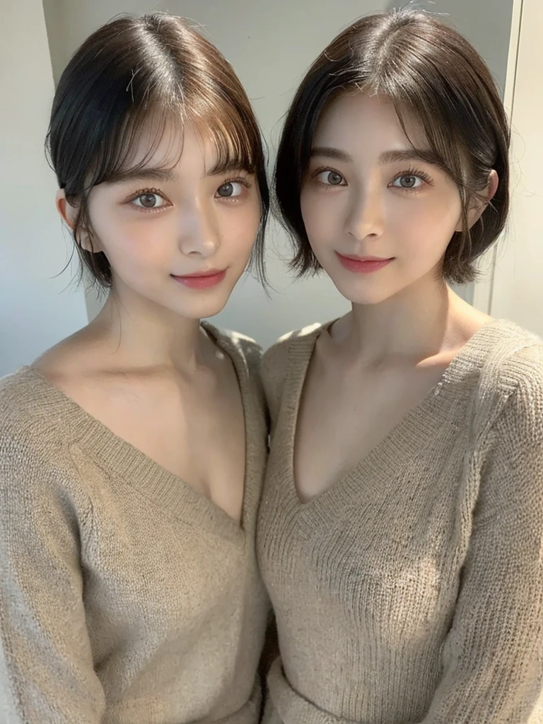 (masterpiece:1.3), (8k, Photoreal, Raw photo, best image quality: 1.4), Japanese high school girl、(random hairstyle:1.2)、cleavage:1.5、super detail face、eye for details、double eyelid、chest to chest、sharp focus:1.2、Beautiful woman:1.4、light brown hair、highest quality、masterpiece、超A high resolution、(Photoreal:1.4)、Highly detailed and professionally lit smiles、loose and light knitwear、shoulder out、thin、serious expression、short haired、deadly position
similar identical twins
All the girls have the exact same face, The two have the same face and figure, as if they were mirror images.