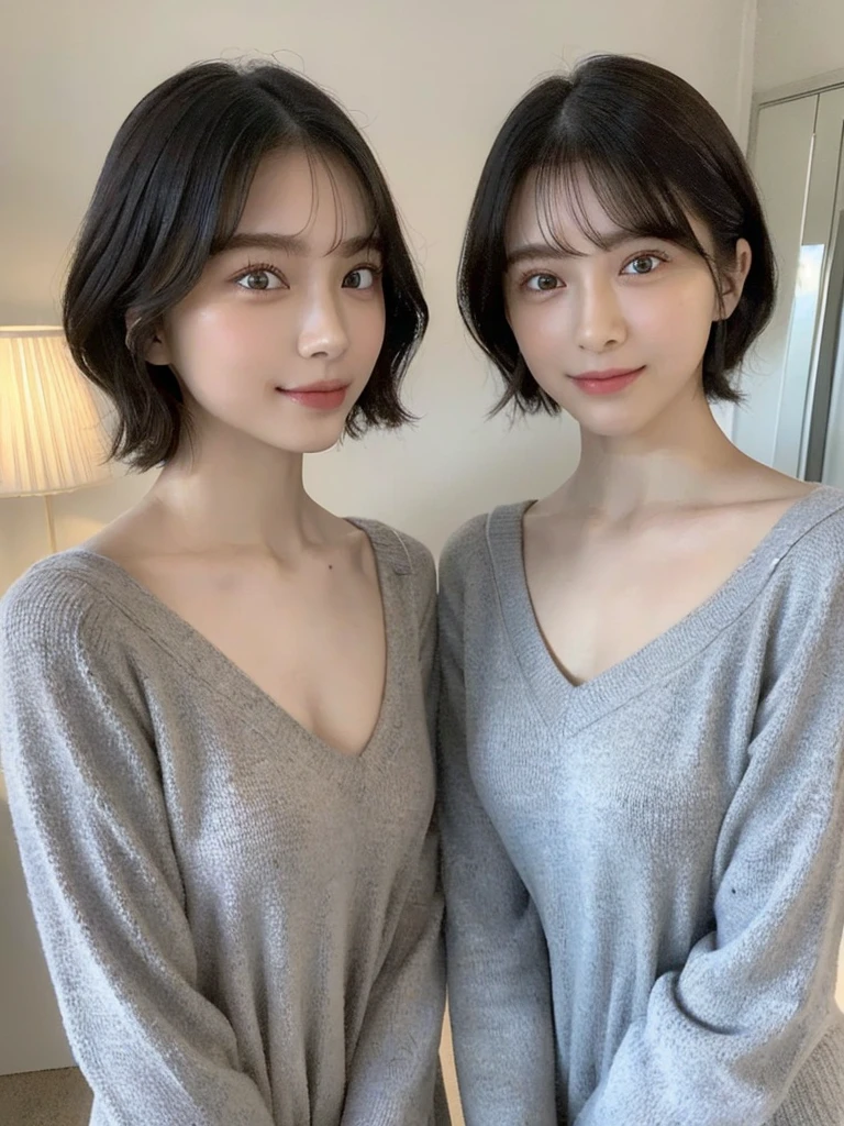 (masterpiece:1.3), (8k, Photoreal, Raw photo, best image quality: 1.4), Japanese high school girl、(random hairstyle:1.2)、cleavage:1.5、super detail face、eye for details、double eyelid、chest to chest、sharp focus:1.2、Beautiful woman:1.4、light brown hair、highest quality、masterpiece、超A high resolution、(Photoreal:1.4)、Highly detailed and professionally lit smiles、loose and light knitwear、shoulder out、thin、serious expression、short haired、deadly position
similar identical twins
All the girls have the exact same face, The two have the same face and figure, as if they were mirror images.