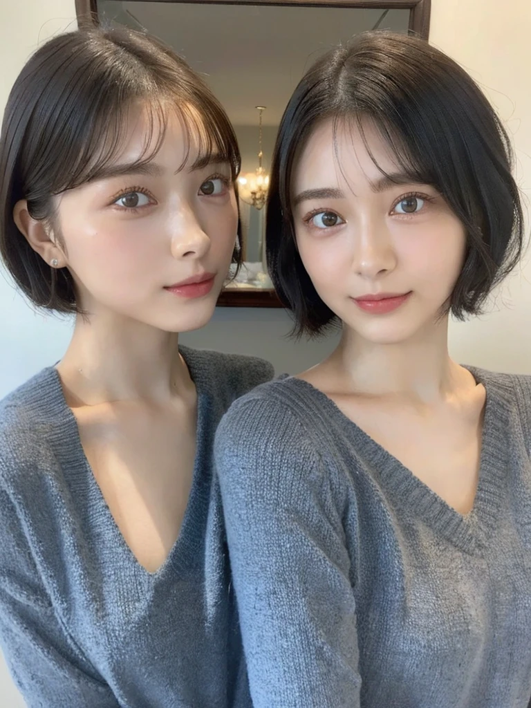 (masterpiece:1.3), (8k, Photoreal, Raw photo, best image quality: 1.4), Japanese high school girl、(random hairstyle:1.2)、cleavage:1.5、super detail face、eye for details、double eyelid、chest to chest、sharp focus:1.2、Beautiful woman:1.4、light brown hair、highest quality、masterpiece、超A high resolution、(Photoreal:1.4)、Highly detailed and professionally lit smiles、loose and light knitwear、shoulder out、thin、serious expression、short haired、deadly position
similar identical twins
All the girls have the exact same face, The two have the same face and figure, as if they were mirror images.