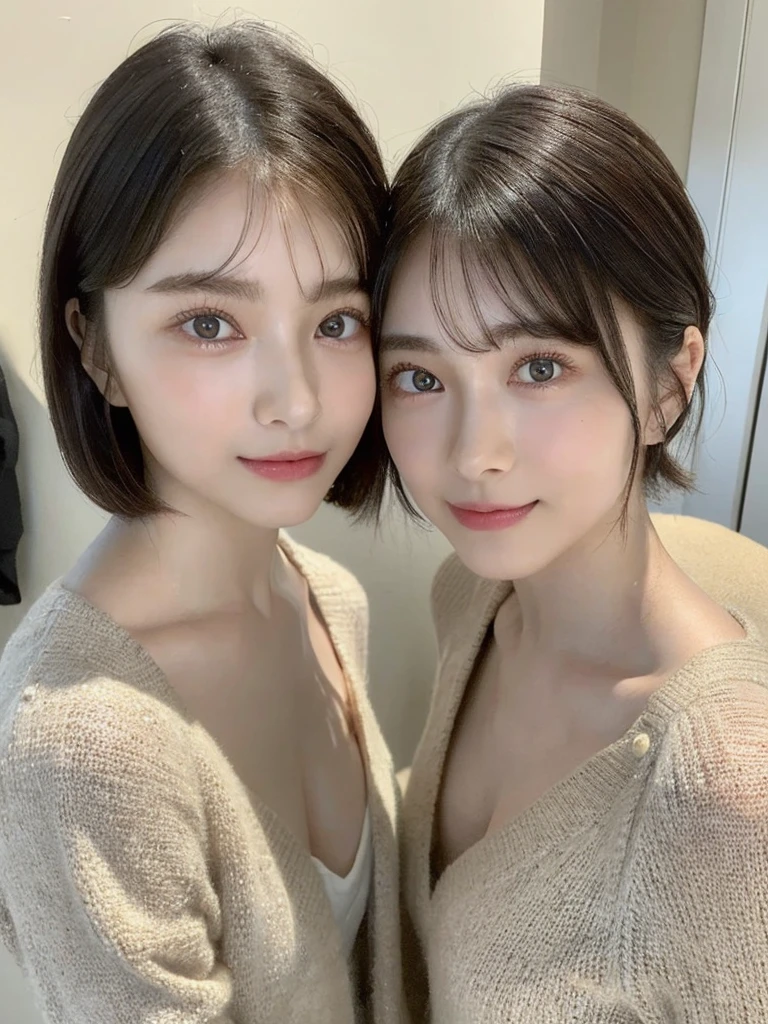 (masterpiece:1.3), (8k, Photoreal, Raw photo, best image quality: 1.4), Japanese high school girl、(random hairstyle:1.2)、cleavage:1.5、super detail face、eye for details、double eyelid、chest to chest、sharp focus:1.2、Beautiful woman:1.4、light brown hair、highest quality、masterpiece、超A high resolution、(Photoreal:1.4)、Highly detailed and professionally lit smiles、loose and light knitwear、shoulder out、thin、serious expression、short haired、deadly position
similar identical twins
All the girls have the exact same face, The two have the same face and figure, as if they were mirror images.