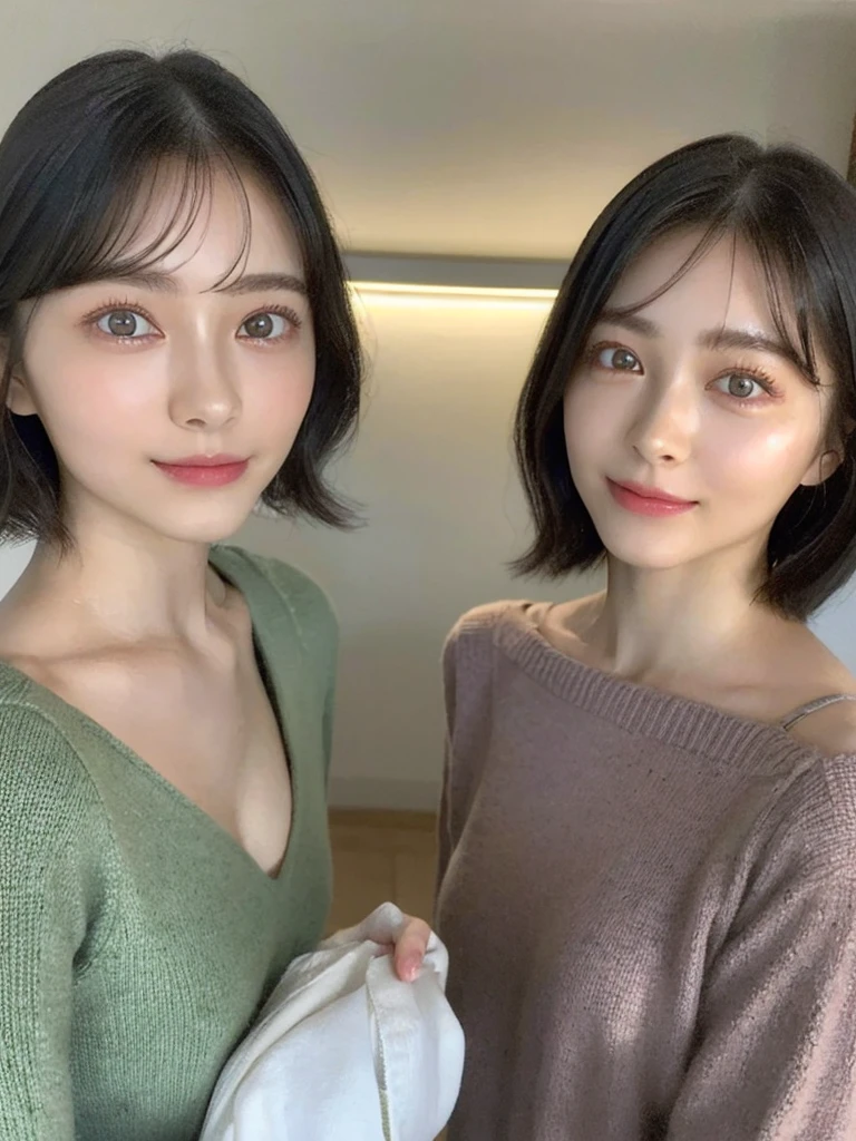 (masterpiece:1.3), (8k, Photoreal, Raw photo, best image quality: 1.4), Japanese high school girl、(random hairstyle:1.2)、cleavage:1.5、super detail face、eye for details、double eyelid、chest to chest、sharp focus:1.2、Beautiful woman:1.4、light brown hair、highest quality、masterpiece、超A high resolution、(Photoreal:1.4)、Highly detailed and professionally lit smiles、loose and light knitwear、shoulder out、thin、serious expression、short haired、deadly position
similar identical twins
All the girls have the exact same face, The two have the same face and figure, as if they were mirror images.