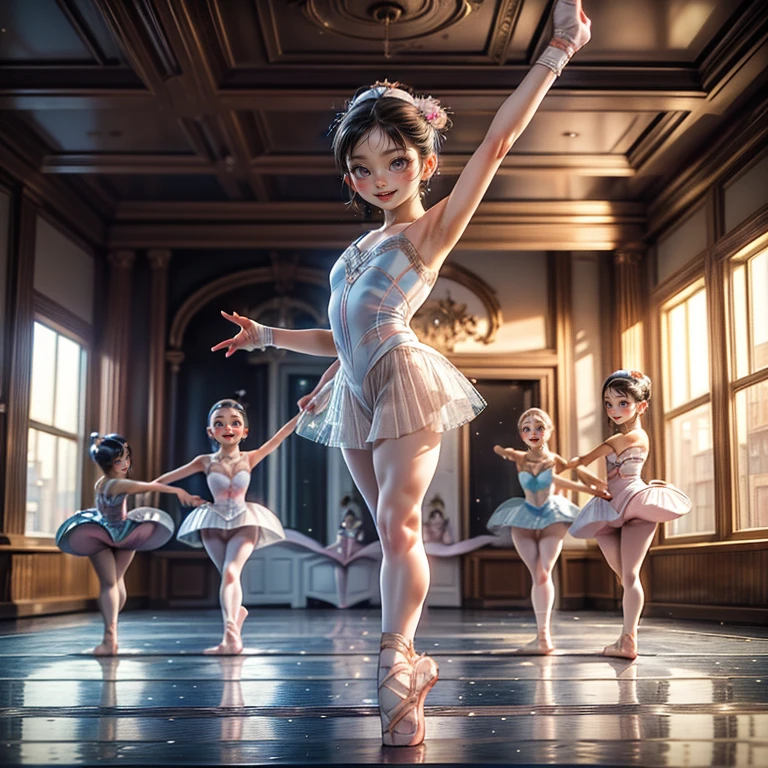 ExtremelyDetailed (((Ballet Dancer Team Kawaii Kids in a row:1.4))), Childish perfect face, Reflective Eyes, Detailed(Delicate Clothing textures), Corrected Leg to Foot Line, Corrected Childish Hand, Dynamic Joyful Expressions LifeLike Rendering, ((Specular Reflection:0.8)), TopQuality 8K Ultra-detailed masterpiece (ProfessionalPhoto:1.37)(Acutance:0.8),(Luminism:1.28), facing away (from side ) Assfocus 