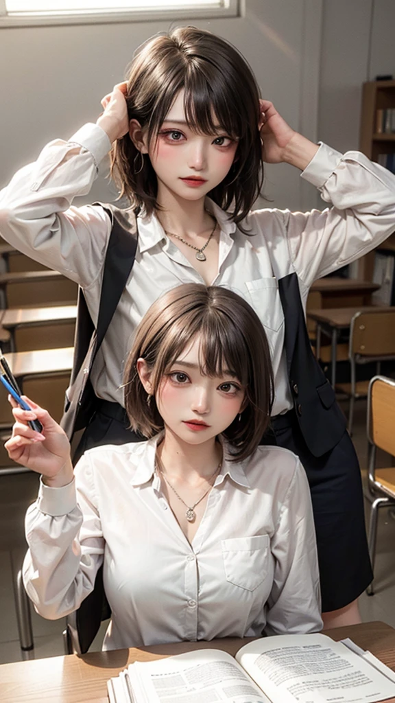 (masutepiece: 1.3), (max resolution: 1.2), (Ultra HDTV: 1.2), cinema lite, Ultra HDTV, (Detailed eyes and skin), (detailed facial features), ultgp, 8K resolution, Sharp Focus: 1.2, Perfect Style, Beautiful Face, accurate, Anatomically correct, Highly detailed face and skin texture, Detailed eyes, (light-green eyes), Double eyelids, Thin eyebrows, Glitter Eyeliner: 1.2, Natural cheeks, Glossy skin, Fair skin: 1.2, shiny little necklace and earrings, (Glossy lips: 1.4), break, absurderes, One-person viewpoint, (she is high school Teacher), age22, (Wearing a Button up shirt, formal jackets, pencil skirts, high heels), (Seductive smile: 1.2), (Staring at the viewer), ((a Innocent and cute girl:1.3)), (Layered hairstyle, smooth Hair), (orange hair:1.3), (Medium bob Hair), (Full body shot: 1.2), Focus on Face, ((Very intimate relationships: 1.2)), huge breasts, ((lying on the table:1.4)), ((In school library)), (From directly above:1.2),