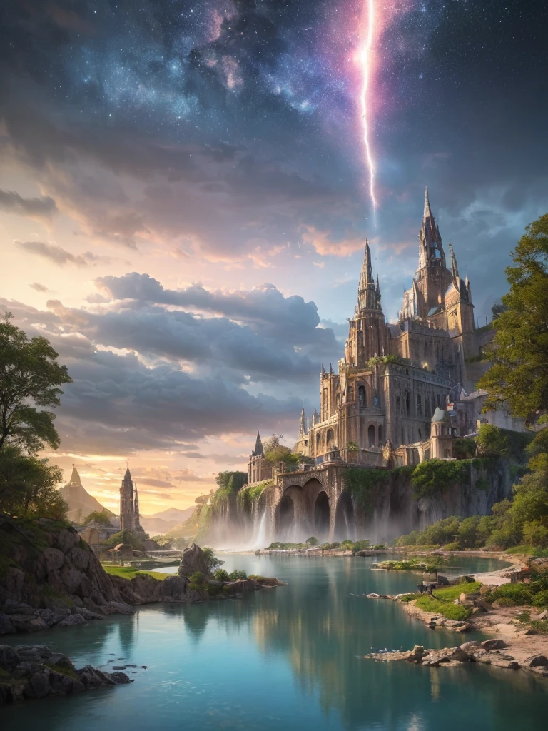 (8k, highest quality, masterpiece, final fantasy style: 1.2), (unRealistic, photoRealistic: 1.37), Dreamy landscape, Fantasy, Unsurreal landscapes, Super detailed, Flying Castle, Floating Island in the Sky, Seven-colored swirl of light, Intense lightning, milky way, Complex Light, Colored light, Large Lake, Starry sky reflected on the lake surface, Countless shining stars, Meteors, Reflections , (A pillar of light emanated from the ground:1,2), roses and orchids gardens , sunset, pink clouds, waterfalls in the sky, realistic style, Hyperrealism drawing, a flying pirate spaceship floating at the clouds level, burning skyscrapers, cyborgs, timeless realms, stunning princess , casting spell, healing light magic effect, in a magical lagoon of the fairyland, crystal clear water surface reflections, sharp focus, looking at viewer, (close-up:0.9), (bright white theme:1.2), (bright white tone:1.2), (deep blue tone:1.3),((( realistic, Hyperrealism, vivid colours , landscapes , alien cyborgs , science fiction themes))),