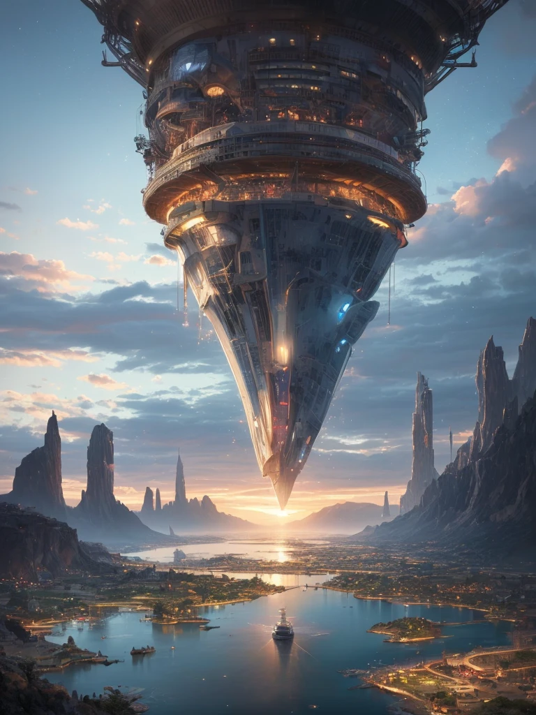 (8k, highest quality, masterpiece, final fantasy style: 1.2), (unRealistic, photoRealistic: 1.37), Dreamy landscape, Fantasy, Unsurreal landscapes, Super detailed, Flying Castle, Floating Island in the Sky, Seven-colored swirl of light, Intense lightning, milky way, Complex Light, Colored light, Large Lake, Starry sky reflected on the lake surface, Countless shining stars, Meteors, Reflections , (A pillar of light emanated from the ground:1,2), roses and orchids gardens , sunset, pink clouds, waterfalls in the sky, realistic style, Hyperrealism drawing, a flying pirate spaceship floating at the clouds level, burning skyscrapers, cyborgs, timeless realms, stunning princess , casting spell, healing light magic effect, in a magical lagoon of the fairyland, crystal clear water surface reflections, sharp focus, looking at viewer, (close-up:0.9), (bright white theme:1.2), (bright white tone:1.2), (deep blue tone:1.3),((( realistic, Hyperrealism, vivid colours , landscapes , alien cyborgs , science fiction themes))),