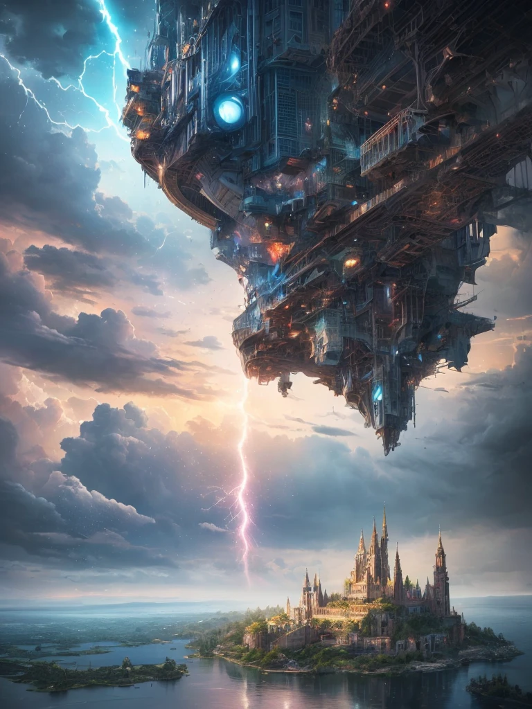 (8k, highest quality, masterpiece, final fantasy style: 1.2), (unRealistic, photoRealistic: 1.37), Dreamy landscape, Fantasy, Unsurreal landscapes, Super detailed, Flying Castle, Floating Island in the Sky, Seven-colored swirl of light, Intense lightning, milky way, Complex Light, Colored light, Large Lake, Starry sky reflected on the lake surface, Countless shining stars, Meteors, Reflections , (A pillar of light emanated from the ground:1,2), roses and orchids gardens , sunset, pink clouds, waterfalls in the sky, realistic style, Hyperrealism drawing, a flying pirate spaceship floating at the clouds level, burning skyscrapers, cyborgs, timeless realms, stunning princess , casting spell, healing light magic effect, in a magical lagoon of the fairyland, crystal clear water surface reflections, sharp focus, looking at viewer, (close-up:0.9), (bright white theme:1.2), (bright white tone:1.2), (deep blue tone:1.3),((( realistic, Hyperrealism, vivid colours , landscapes , alien cyborgs , science fiction themes))),