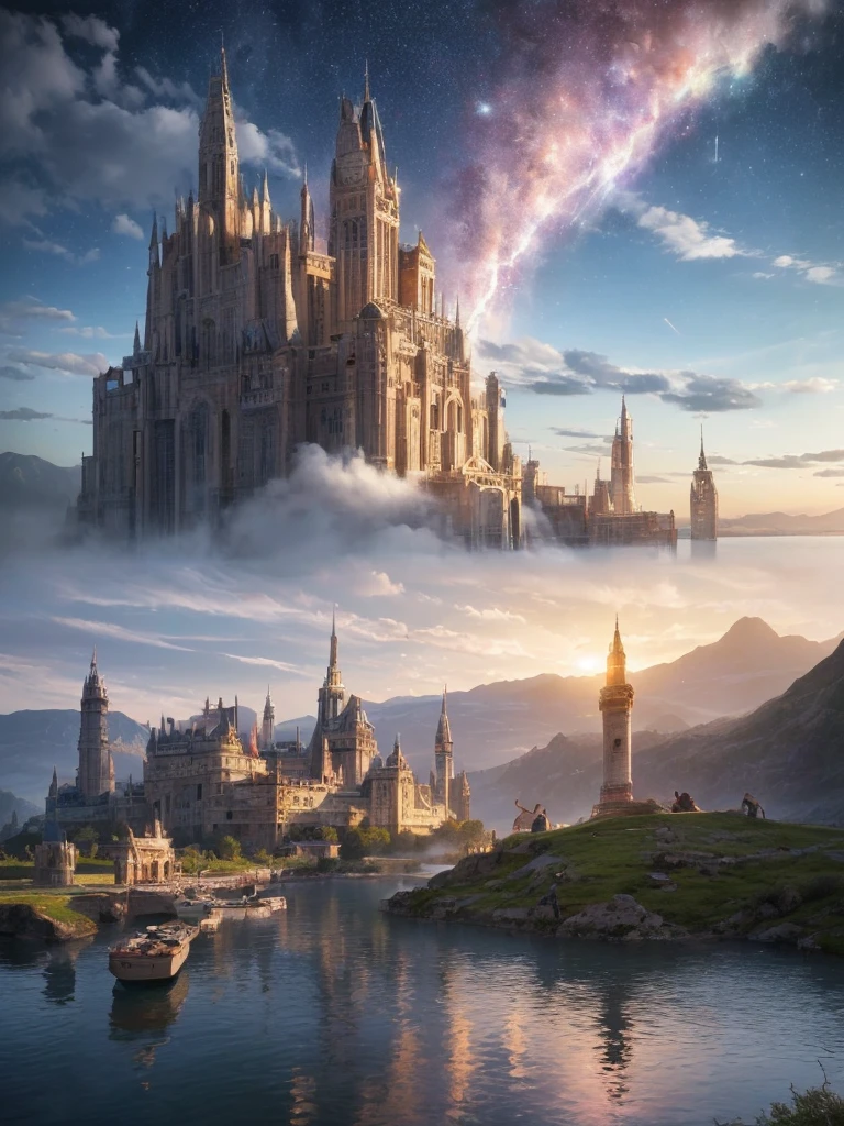 (8k, highest quality, masterpiece, final fantasy style: 1.2), (unRealistic, photoRealistic: 1.37), Dreamy landscape, Fantasy, Unsurreal landscapes, Super detailed, Flying Castle, Floating Island in the Sky, Seven-colored swirl of light, Intense lightning, milky way, Complex Light, Colored light, Large Lake, Starry sky reflected on the lake surface, Countless shining stars, Meteors,  Reflections , (A pillar of light emanated from the ground:1,2), roses and orchids gardens , sunset, pink clouds, waterfalls in the sky, realistic style, Hyperrealism drawing, a flying pirate spaceship floating at the clouds level, burning skyscrapers, cyborgs, timeless realms, stunning  princess  ,  casting spell, healing light magic effect, in a magical lagoon of the fairyland, crystal clear water surface reflections, sharp focus, looking at viewer, (close-up:0.9), (bright white theme:1.2), (bright white tone:1.2), (deep blue tone:1.3),((( realistic, Hyperrealism, vivid colours , landscapes , alien cyborgs , science fiction themes))), 
