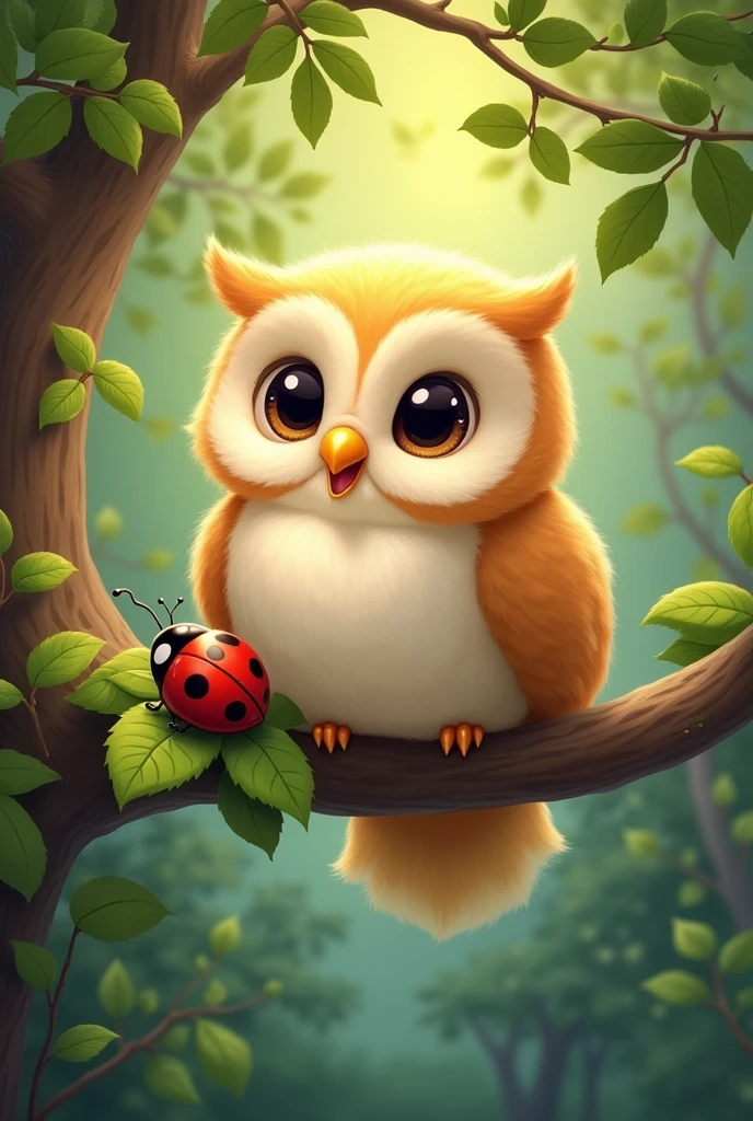 A happy owl on a tree branch and a ladybug on a leaf